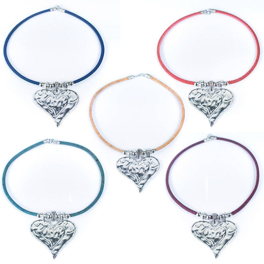 Colored cork with heart handmade cork necklace NE-1039-MIX-5-0