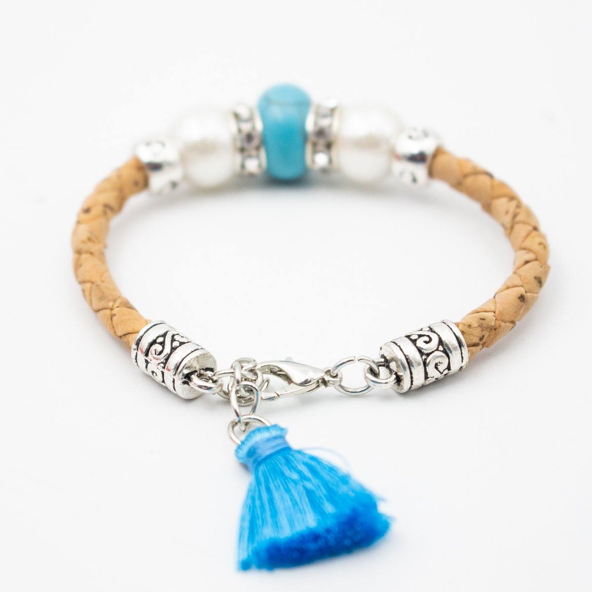 Natural cork leather Azure bead cork necklace SET-069-2