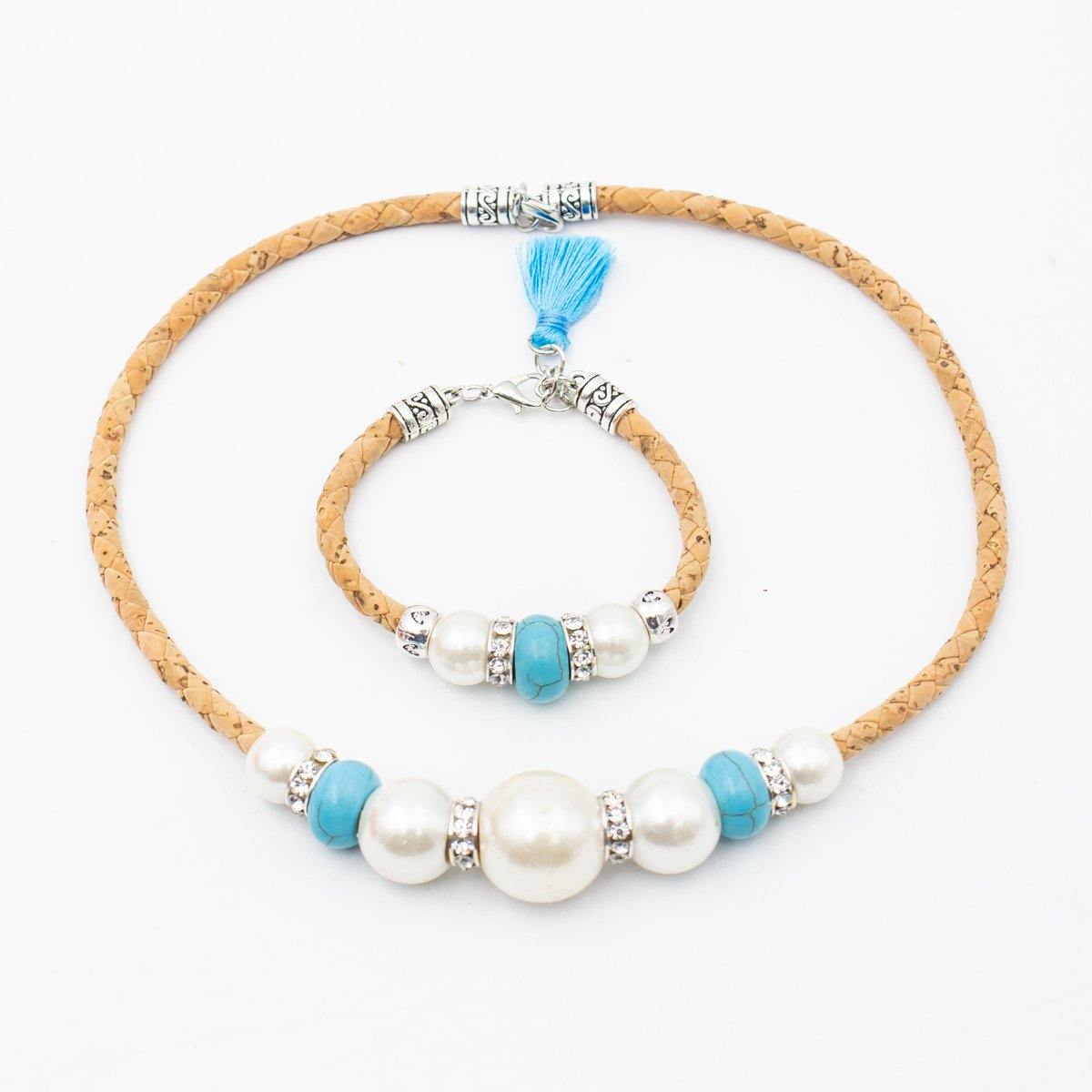 Natural cork leather Azure bead cork necklace SET-069-0